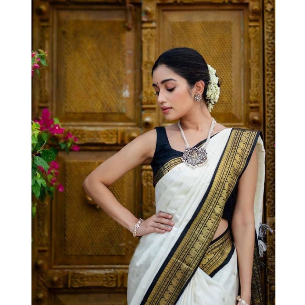 Women's Soft Litchi Silk Jacquard Work Saree With Unstitched Blouse 5.5Mtr (White) - Image 2