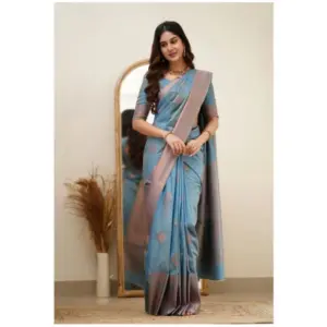 Women's Soft Litchi Silk Jacquard Work Saree With Unstitched Blouse 5.5Mtr (Gray)