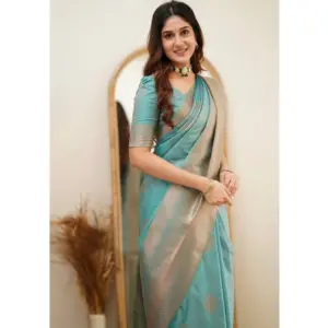 Women's Soft Litchi Silk Jacquard Work Saree With Unstitched Blouse 5.5Mtr (Light Blue)