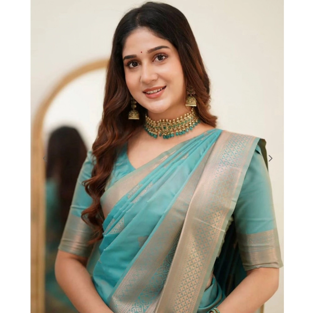 Women's Soft Litchi Silk Jacquard Work Saree With Unstitched Blouse 5.5Mtr (Light Blue) - Image 2