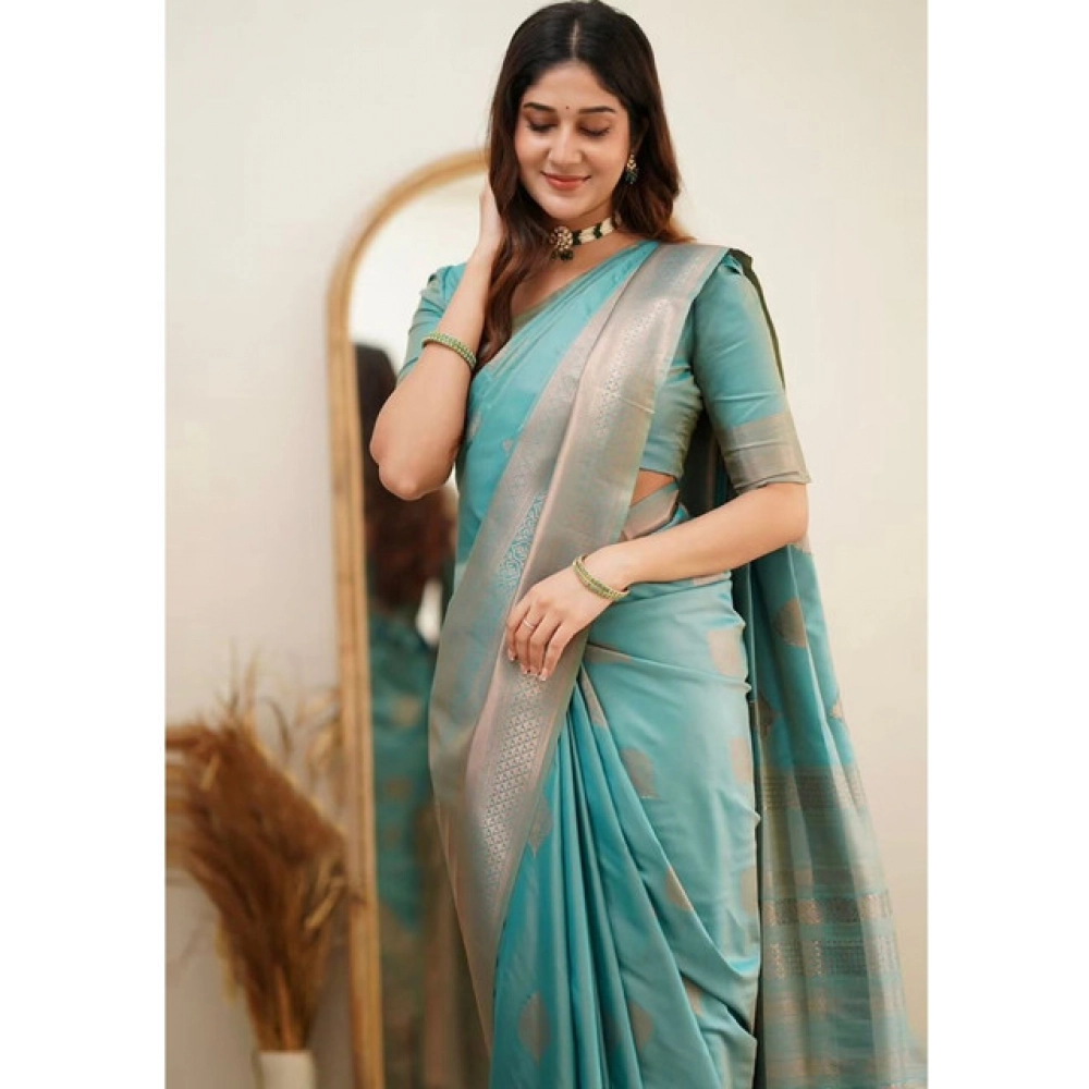 Women's Soft Litchi Silk Jacquard Work Saree With Unstitched Blouse 5.5Mtr (Light Blue) - Image 3