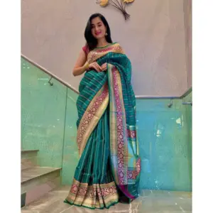Women's Soft Litchi Silk Jacquard Work Saree With Unstitched Blouse 5.5Mtr (Green)