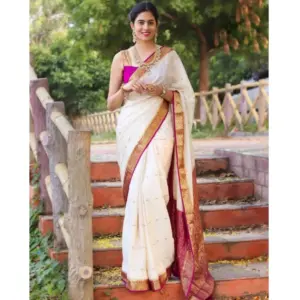 Women's Soft Litchi Silk Jacquard Work Saree With Unstitched Blouse 5.5Mtr (White)