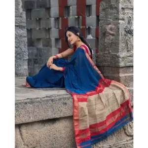 Women's Soft Litchi Silk Jacquard Work Saree With Unstitched Blouse 5.5Mtr (Blue)