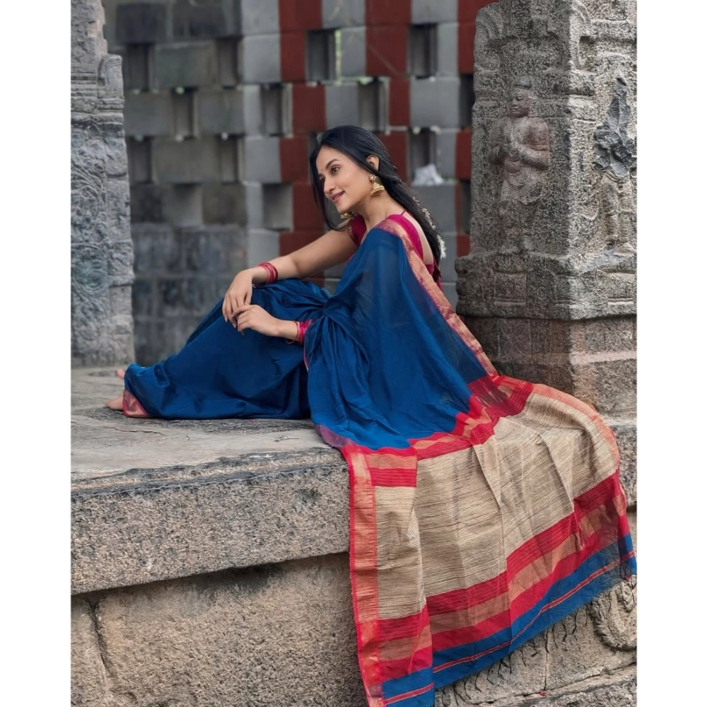 Women's Soft Litchi Silk Jacquard Work Saree With Unstitched Blouse 5.5Mtr (Blue)