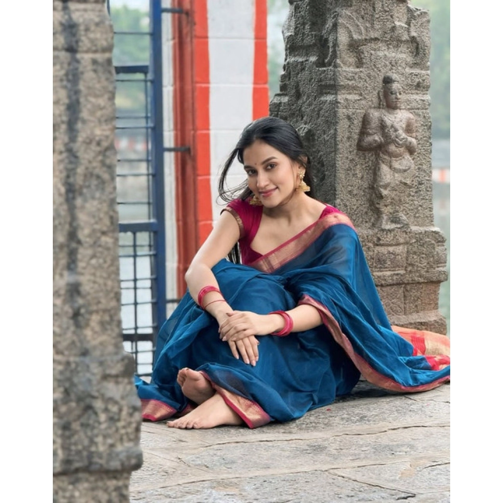 Women's Soft Litchi Silk Jacquard Work Saree With Unstitched Blouse 5.5Mtr (Blue) - Image 2