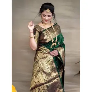 Women's Soft Litchi Silk Jacquard Work Saree With Unstitched Blouse 5.5Mtr (Green)