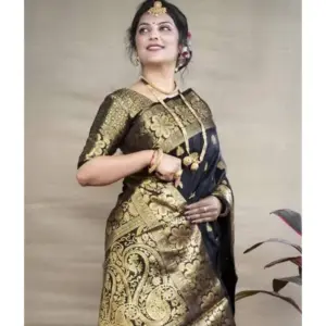 Women's Soft Litchi Silk Jacquard Work Saree With Unstitched Blouse 5.5Mtr (Black)