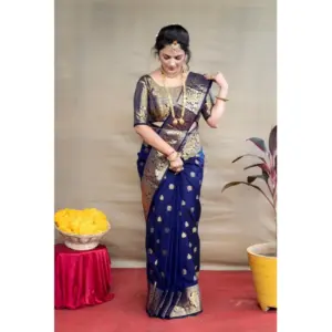 Women's Soft Litchi Silk Jacquard Work Saree With Unstitched Blouse 5.5Mtr (Blue)