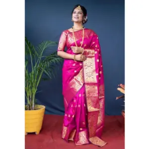 Women's Soft Litchi Silk Jacquard Work Saree With Unstitched Blouse 5.5Mtr (Pink)