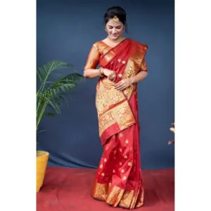 Women's Soft Litchi Silk Jacquard Work Saree With Unstitched Blouse 5.5Mtr (Red)