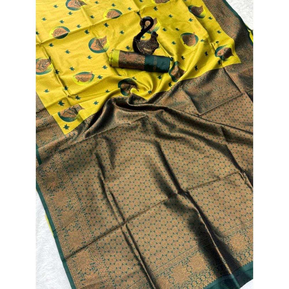 Women's Banarasi Silk Jacquard Work Saree With Unstitched Blouse 5.5Mtr (Yellow) - Image 3