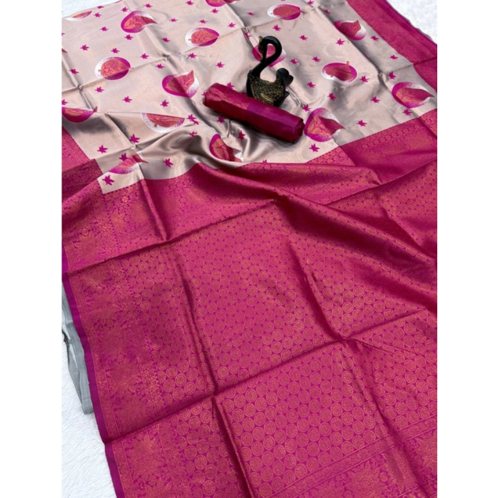 Women's Banarasi Silk Jacquard Work Saree With Unstitched Blouse 5.5Mtr (Pink) - Image 3
