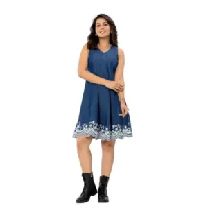 Women's Casual Denim Sleeveless Dress (Blue)