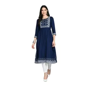Women's Casual Rayon 3-4th Sleeves Kurti (Blue)