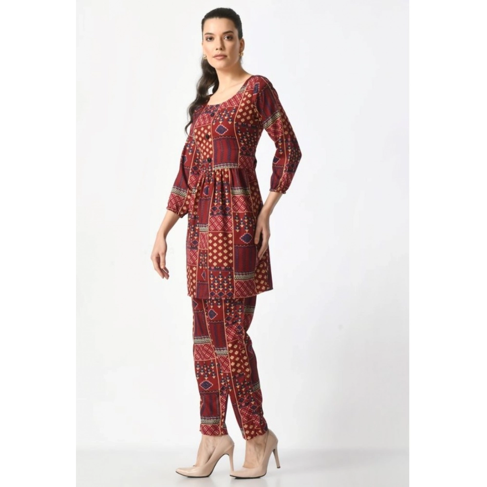 Women's Casual Crepe 3-4th Sleeves Cord Set (Maroon) - Image 3