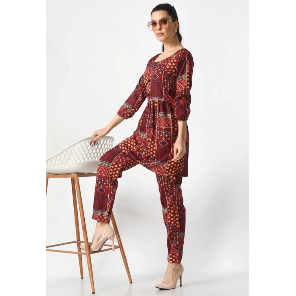 Women's Casual Crepe 3-4th Sleeves Cord Set (Maroon) - Image 5