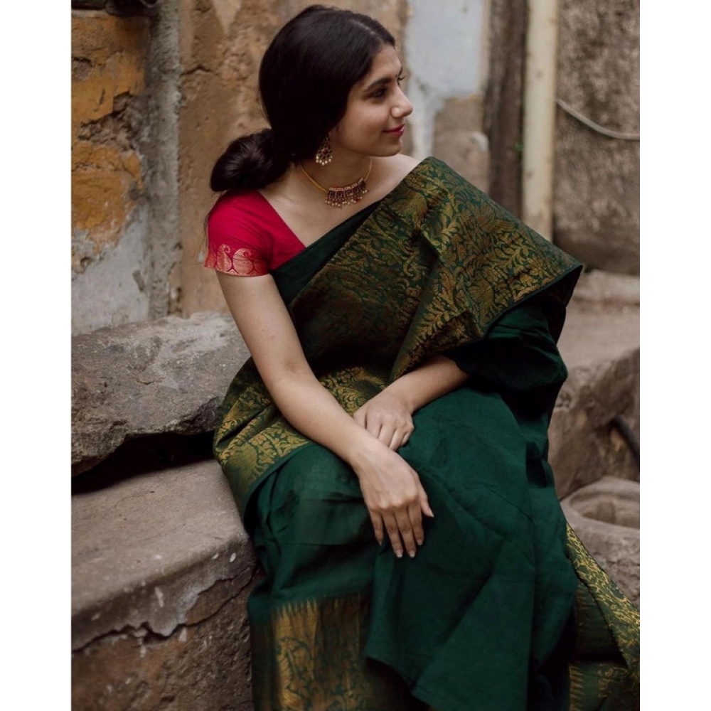 Women's Soft Lichi Silk Printed Saree With Unstitched Blouse 5.5Mtr (Green) - Image 2