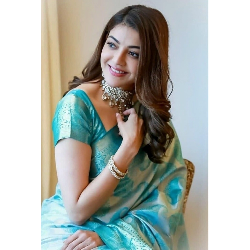 Women's Soft Lichi Silk Printed Saree With Unstitched Blouse 5.5Mtr (Sky Blue) - Image 2