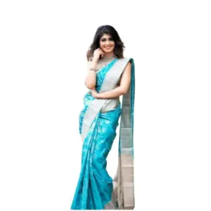 Women's Soft Lichi Silk Printed Saree With Unstitched Blouse 5.5Mtr (Sky-Blue)