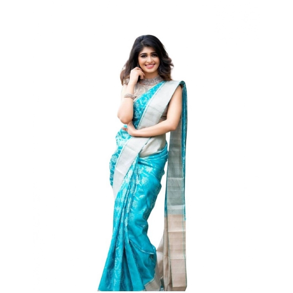 Women's Soft Lichi Silk Printed Saree With Unstitched Blouse 5.5Mtr (Sky-Blue)