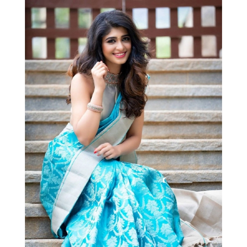 Women's Soft Lichi Silk Printed Saree With Unstitched Blouse 5.5Mtr (Sky-Blue) - Image 2