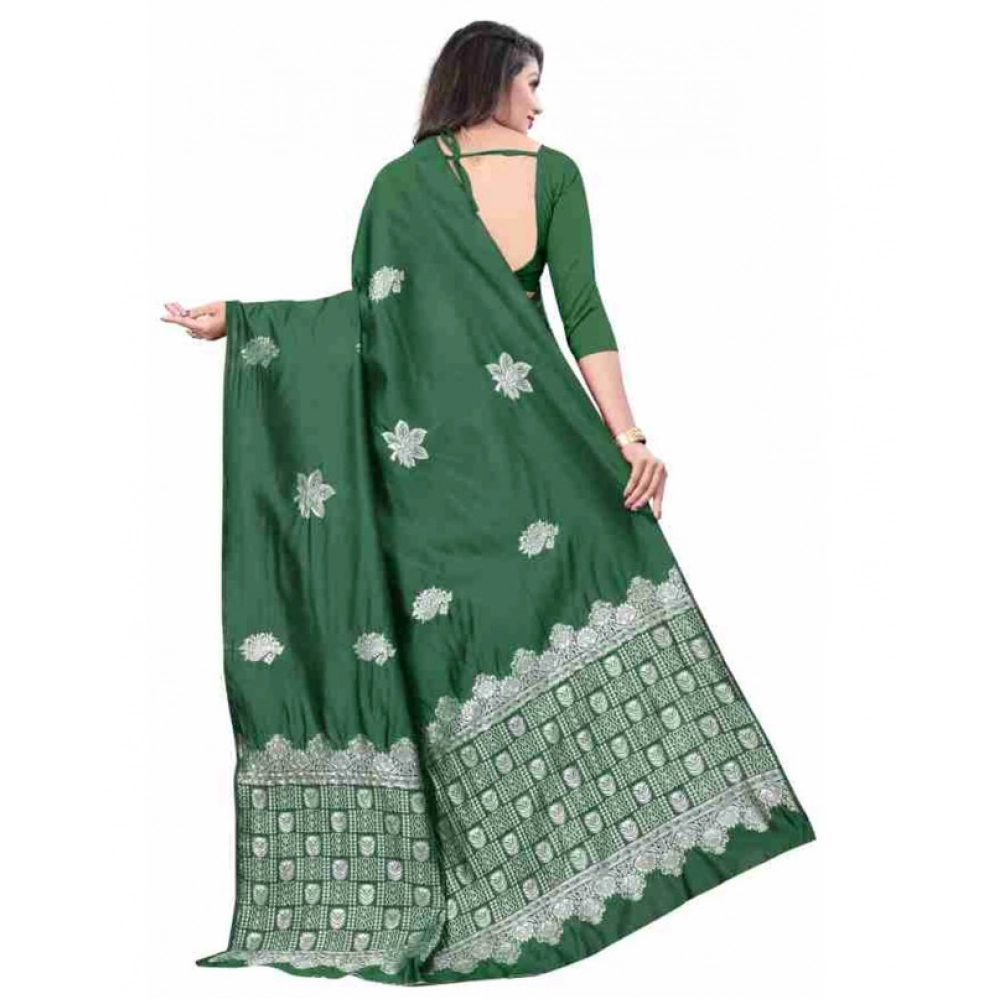 Women's Soft Lichi Silk Printed Saree With Unstitched Blouse 5.5Mtr (Green) - Image 2