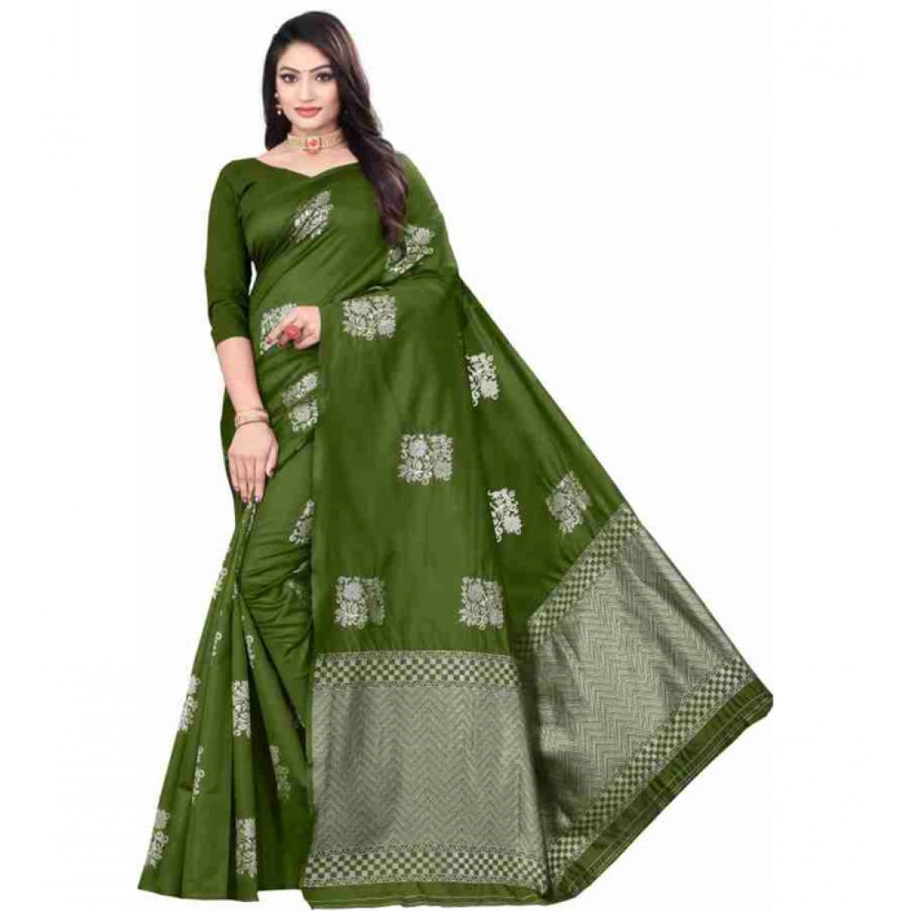 Women's Soft Lichi Silk Printed Saree With Unstitched Blouse 5.5Mtr (Green)