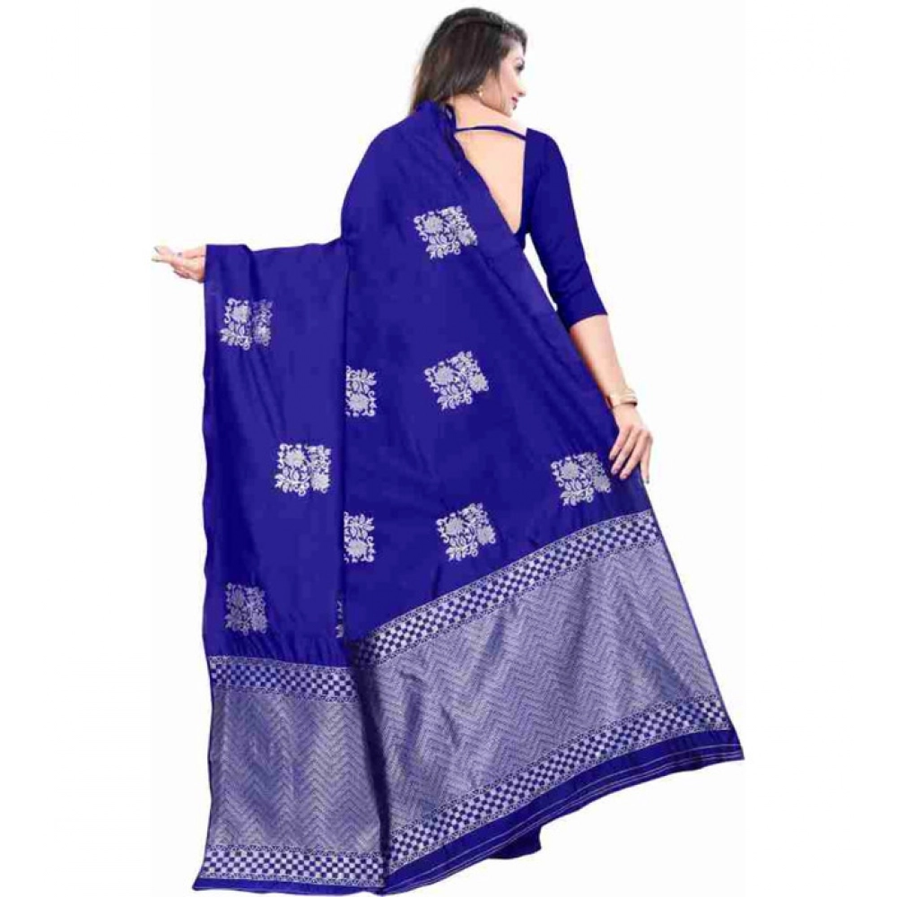 Women's Soft Lichi Silk Printed Saree With Unstitched Blouse 5.5Mtr (Royal-Blue) - Image 2