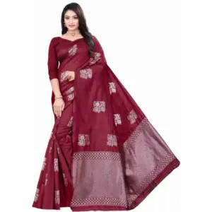 Women's Soft Lichi Silk Printed Saree With Unstitched Blouse 5.5Mtr (Maroon)