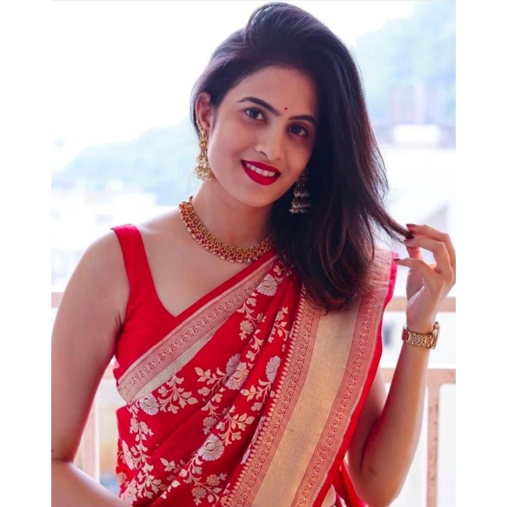 Women's Soft Lichi Silk Printed Saree With Unstitched Blouse 5.5Mtr (Red) - Image 2