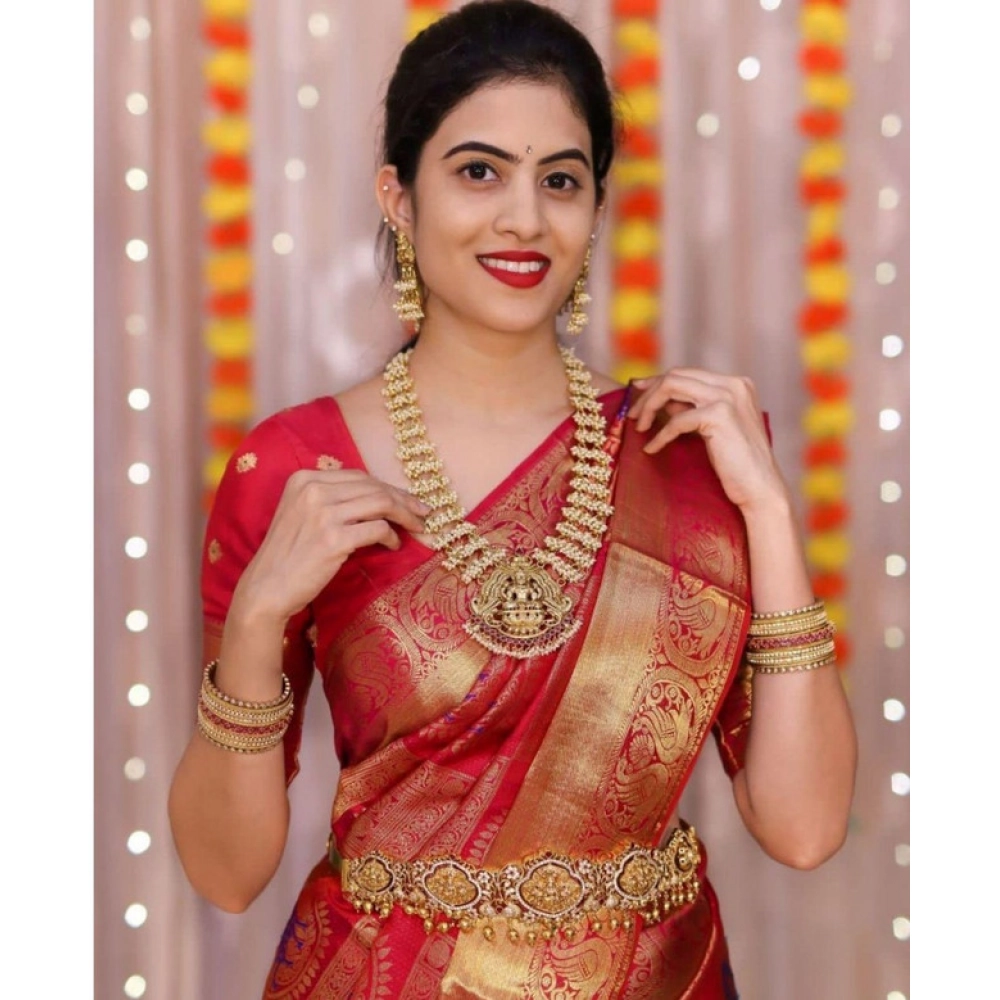 Women's Soft Lichi Silk Printed Saree With Unstitched Blouse 5.5Mtr (Red) - Image 2