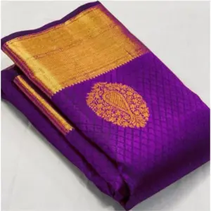 Women's Soft Lichi Silk Printed Saree With Unstitched Blouse 5.5Mtr (Purple)