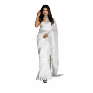 Women's Soft Lichi Silk Printed Saree With Unstitched Blouse 5.5Mtr (White)