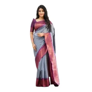Women's Soft Lichi Silk Printed Saree With Unstitched Blouse 5.5Mtr (Grey)