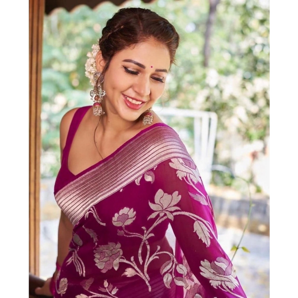 Women's Soft Lichi Silk Printed Saree With Unstitched Blouse 5.5Mtr (Purple) - Image 2