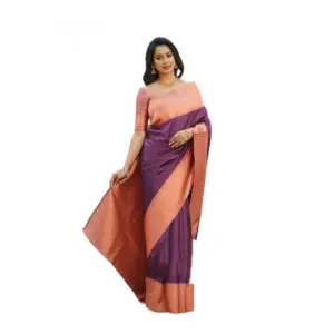 Women's Soft Lichi Silk Printed Saree With Unstitched Blouse 5.5Mtr (Purple)