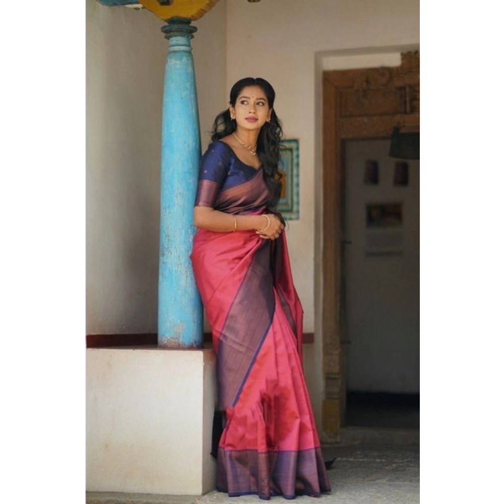 Women's Soft Lichi Silk Printed Saree With Unstitched Blouse 5.5Mtr (Red) - Image 2