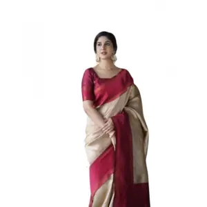 Women's Soft Lichi Silk Printed Saree With Unstitched Blouse 5.5Mtr (Cream)