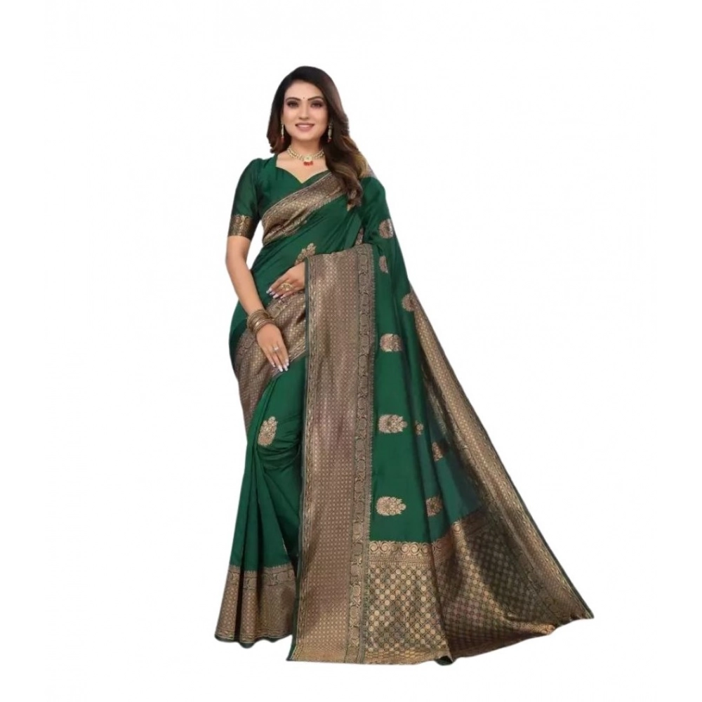 Women's Soft Lichi Silk Printed Saree With Unstitched Blouse 5.5Mtr (Green)