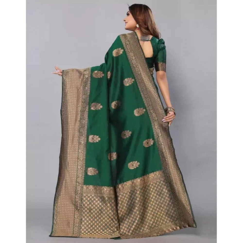 Women's Soft Lichi Silk Printed Saree With Unstitched Blouse 5.5Mtr (Green) - Image 2