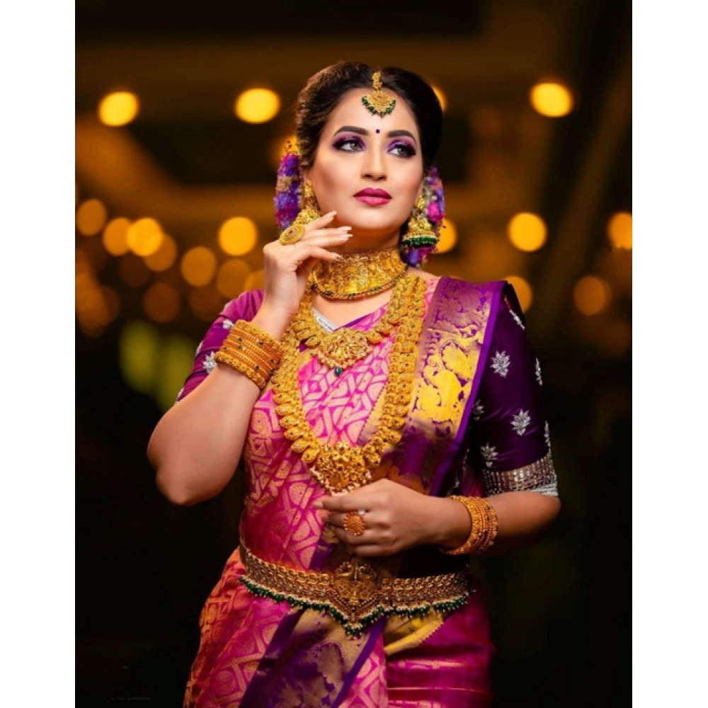 Women's Soft Lichi Silk Printed Saree With Unstitched Blouse 5.5Mtr (Pink) - Image 2