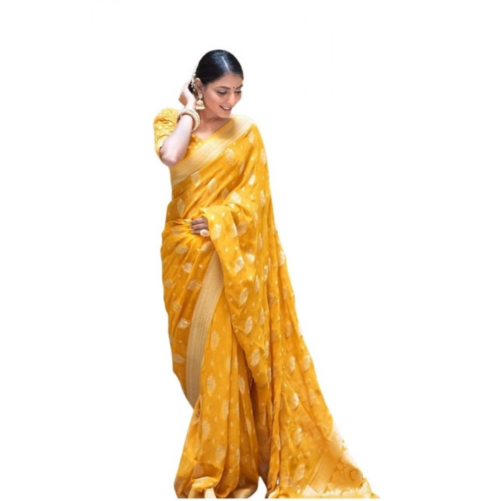 Women's Soft Lichi Silk Printed Saree With Unstitched Blouse 5.5Mtr (Yellow)