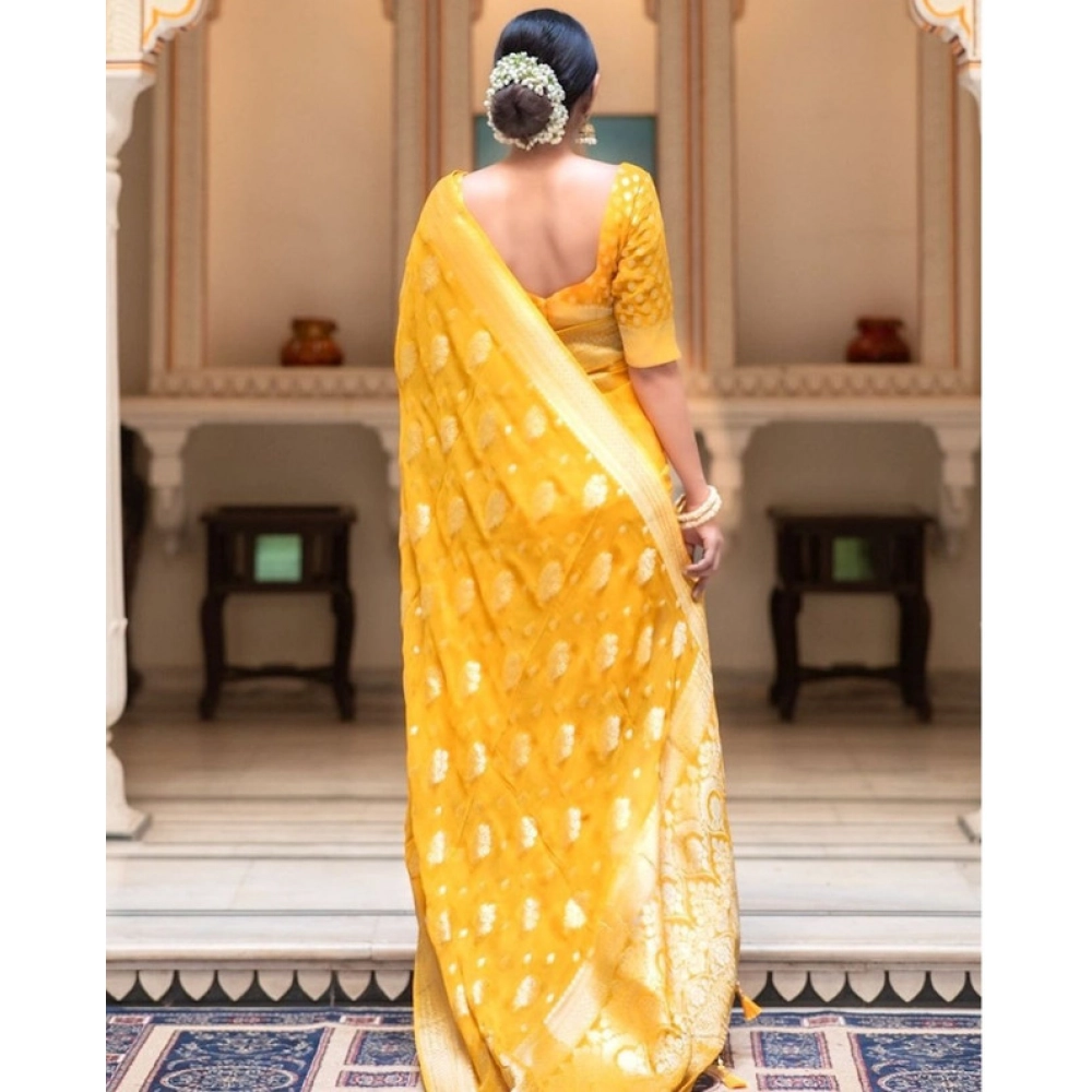 Women's Soft Lichi Silk Printed Saree With Unstitched Blouse 5.5Mtr (Yellow) - Image 2