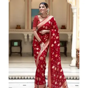 Women's Soft Lichi Silk Printed Saree With Unstitched Blouse 5.5Mtr (Red)