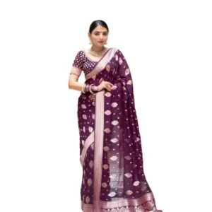 Women's Soft Lichi Silk Printed Saree With Unstitched Blouse 5.5Mtr (Purple)