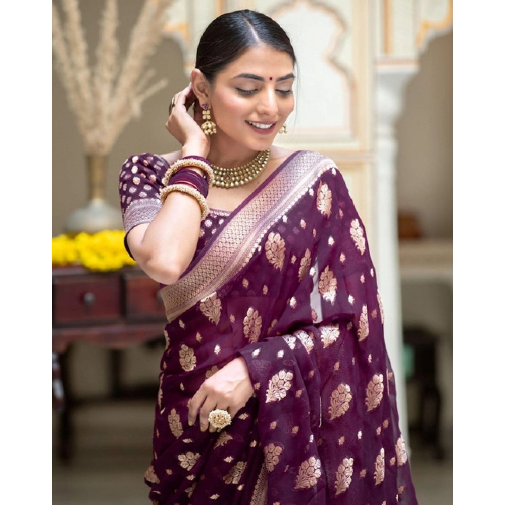 Women's Soft Lichi Silk Printed Saree With Unstitched Blouse 5.5Mtr (Purple) - Image 2