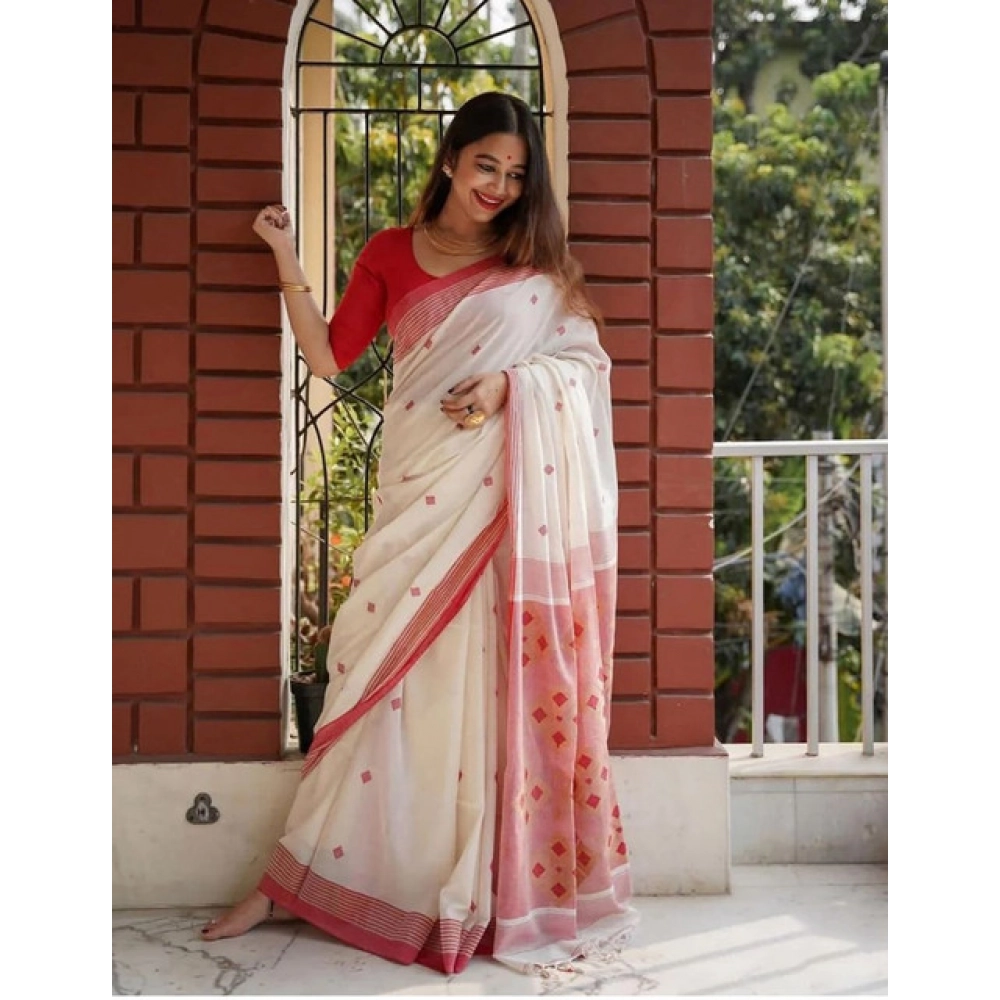 Women's Soft Lilan Printed Saree With Unstitched Blouse 5.5Mtr (White) - Image 2