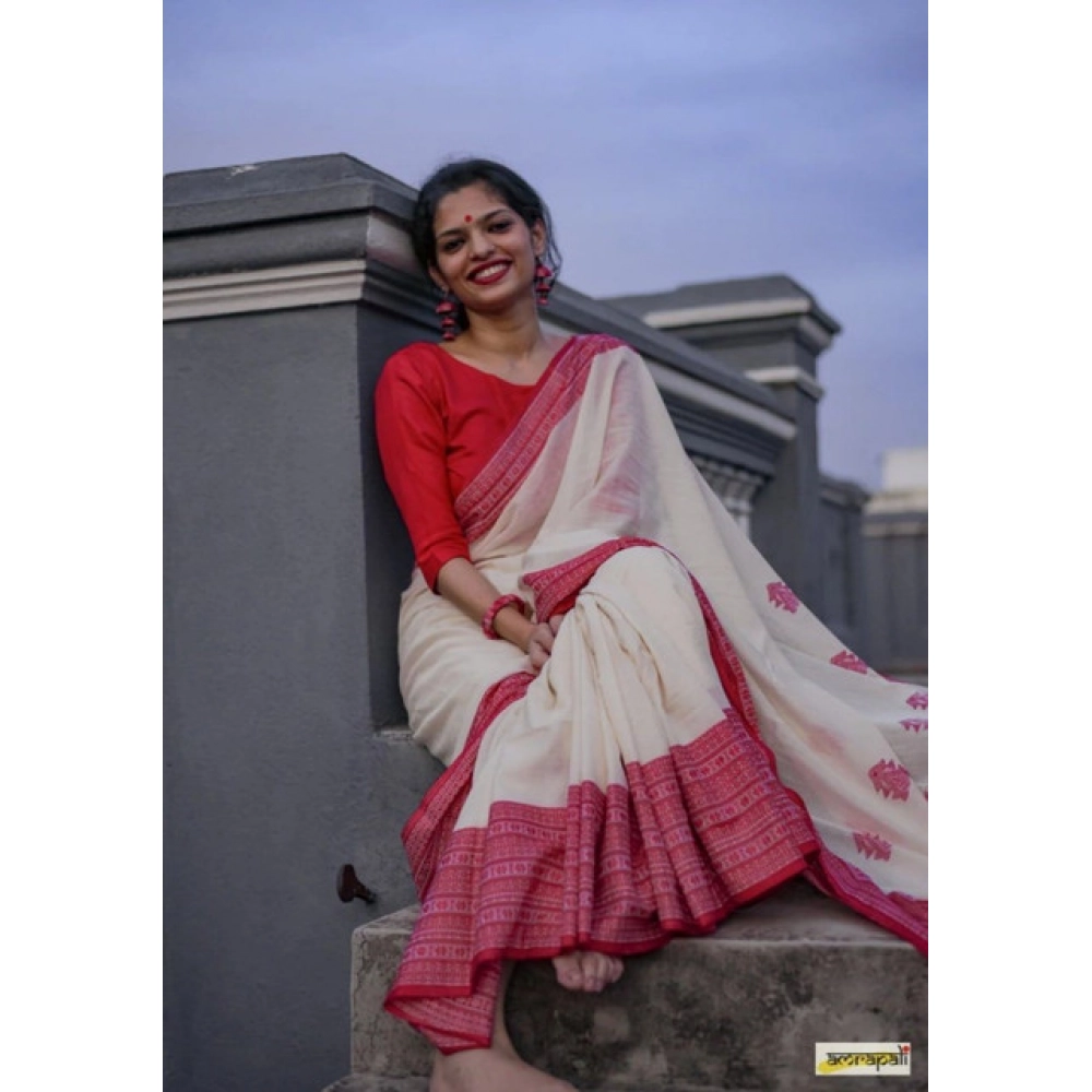 Women's Soft Lilan Printed Saree With Unstitched Blouse 5.5Mtr (White) - Image 2