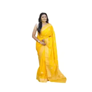 Women's Soft Lichi Silk Printed Saree With Unstitched Blouse 5.5Mtr (Yellow)